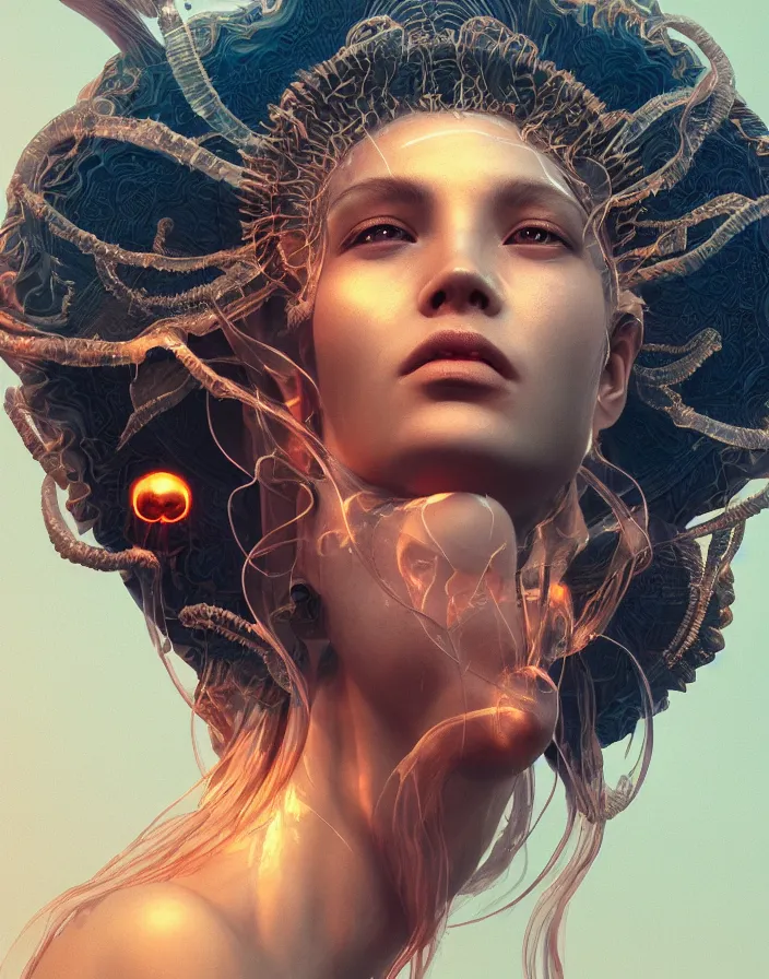 Image similar to goddess portrait. jellyfish phoenix head. intricate artwork by Tooth Wu and wlop and beeple. octane render, trending on artstation, greg rutkowski very coherent symmetrical artwork. cinematic, hyper realism, high detail, octane render, 8k