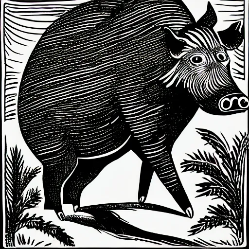 Prompt: book illustration of a wild boar dancing. the boar has shades. book illustration, monochromatic, white background, black and white image