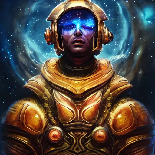 Image similar to photorealistic fantasy cosmic concept art of a cosmic god with armor made out of planets and dark matter, hovering in a unknown galaxy, fully body portrait, cinematic, dynamic lighting, ultra detailed, creative, trending on art station, stunning visuals, creative