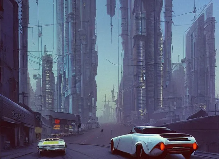 Prompt: a car driving down a street next to tall buildings the night at 1 pm, cyberpunk art by Chesley Bonestell, cgsociety, retrofuturism, matte painting, reimagined by industrial light and magic