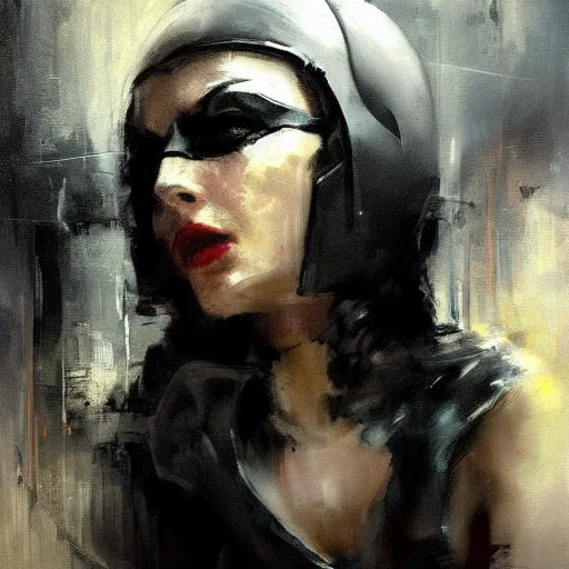 Image similar to a feminine version of female batman jeremy mann painting