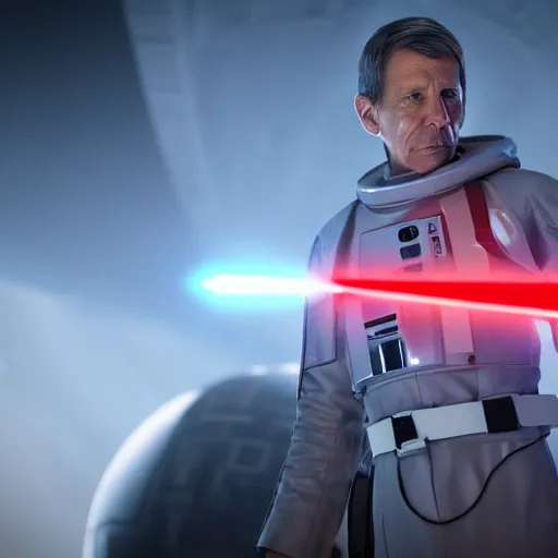 Image similar to a portrait of director krennic from rogue one wielding a red lightsaber on an imperial starship, cinematic, realistic, raytracing, hdr, 8 k