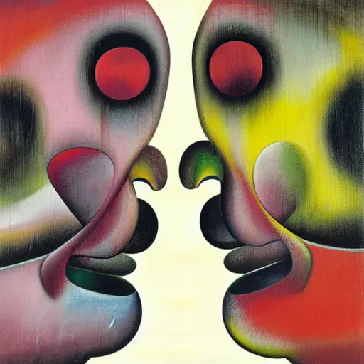 Prompt: Oil painting by Roberto Matta. Strange mechanical beings kissing. Close-up portrait by Takashi Murakami. Dali.