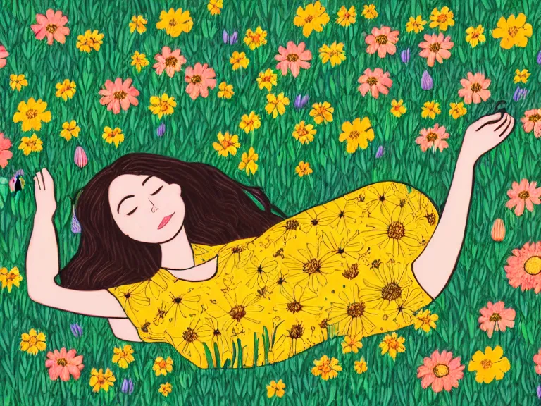 Image similar to drawing of girl laying down in the lawn full of flowers that smells like honey amongst forest with her soul connected to the nature around her. in style of maria prymachenko