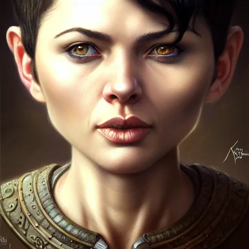 Image similar to portrait of a beautiful cute strong charming realistic female gnome engineer, short pixie undercut black hair, d & d, micro detail, intricate, elegant, highly detailed, centered, rule of thirds, artstation, sharp focus, illustration, artgerm, tomasz alen kopera, donato giancola, wlop