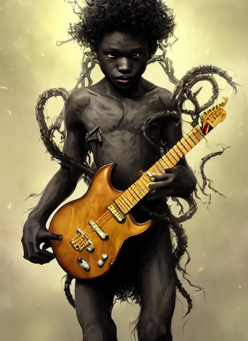 Image similar to fantasy changeling black kid with long curly hair playing electric guitar, half half, dim light, front game card, marvel comics, dark, intricate, highly detailed, smooth, artstation, digital illustration by ruan jia and mandy jurgens and artgerm and wayne barlowe and greg rutkowski and zdislav beksinski