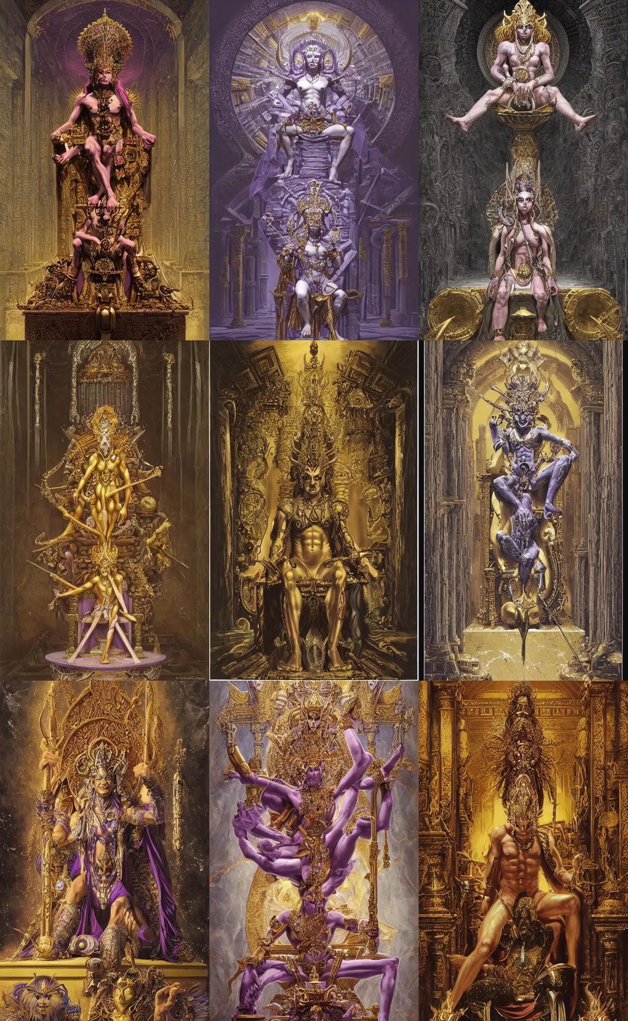 Prompt: epic omnious academic drawing of Slaanesh his Highness the chaotic androgynous deity sitting in a regal pose on a solid diamond throne in a solemn golden and marble slaaneshite temple inspired by the most opulent temples of ancient Greece by James Gurney, Zdislaw Beksinski, Alex Gray, Greg Rutkowski, Robert McCall, CGsociety