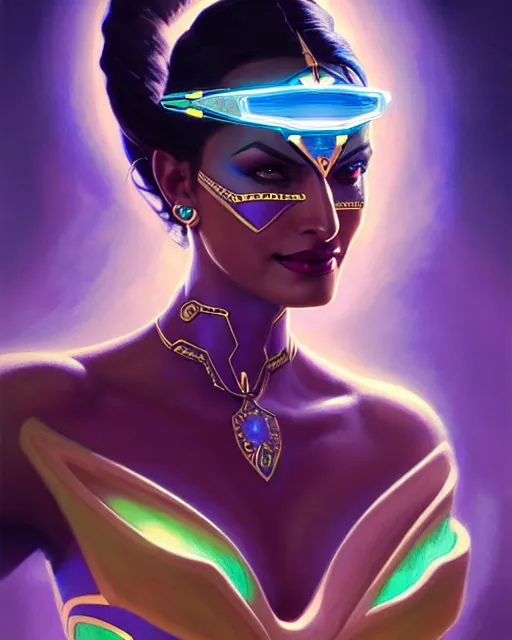 Image similar to symmetra from overwatch, fantasy, fantasy art, fantasy, colorful, elegant, character portrait, portrait, close up, highly detailed, intricate detail, amazing detail, sharp focus, vintage fantasy art, vintage sci - fi art, radiant light, caustics, by boris vallejo