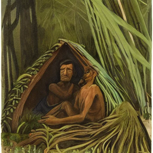 Prompt: melancholic painting of the Jungle Man and his only friend, vulnerable, huddled together in a small hut in the forest, surrounded by grass and algae, deepening dark shadows,