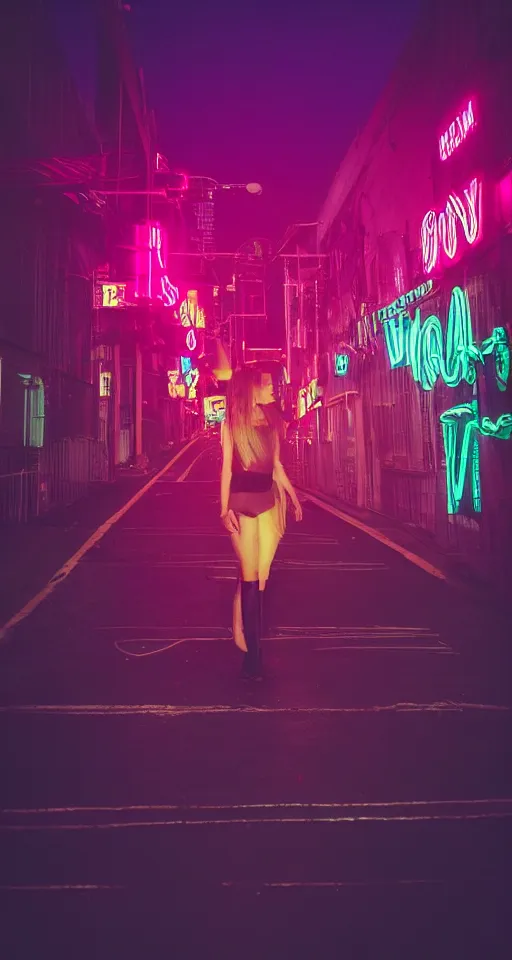 Image similar to women, neon lights, city, glow, sunset, atmospheric, cinematic, retrowave style,