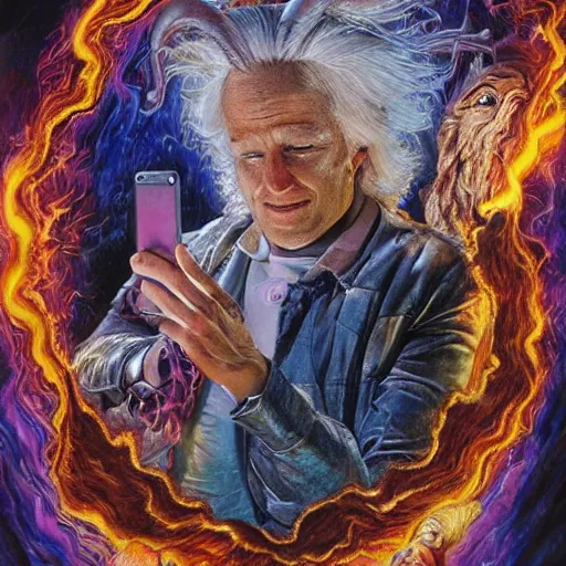 Prompt: doc emmett brown by josephine wall, scientist riding ram, flying ram, golden ram, scientist checking his phone, erupting volcano in distance, flowers in foreground, sun setting on right side of image, stars in sky on left side of image, trending on artstation, fantasy, intricately detailed