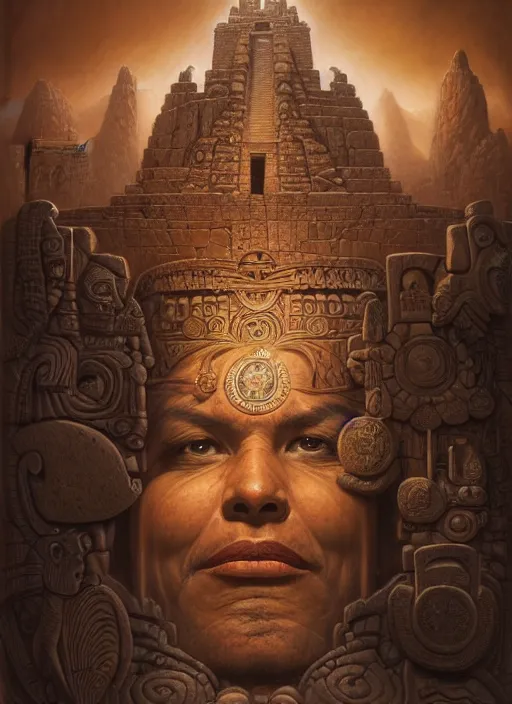 Image similar to wide angle shot inca calender stone carvings, intricate, elegant, highly detailed, centered, digital painting, artstation, concept art, smooth, sharp focus, illustration, artgerm, tomasz alen kopera, peter mohrbacher, donato giancola, joseph christian leyendecker, wlop, boris vallejo