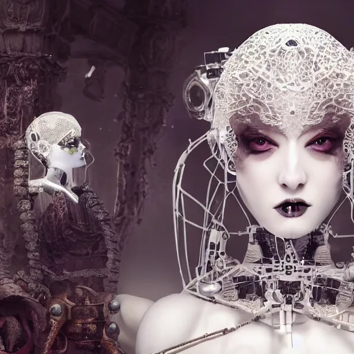 Prompt: female gothic robots with transparent head with mechanical brain, detailed decorated broken porcelain face, sensual pose, full body, dressed in white intricate lace and jewels, epic environment, matte painting, diffused lighting, highly detailed, cinematic, epic atmosphere, digital art, trending on artstation, wide angle