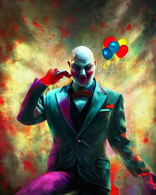 Prompt: portrait of agent 4 7 as a clown, colorful, circus background, cinematic, dramatic light, fantasy, epic, high detail, inside a messy room, masterpiece, art by jisu choe