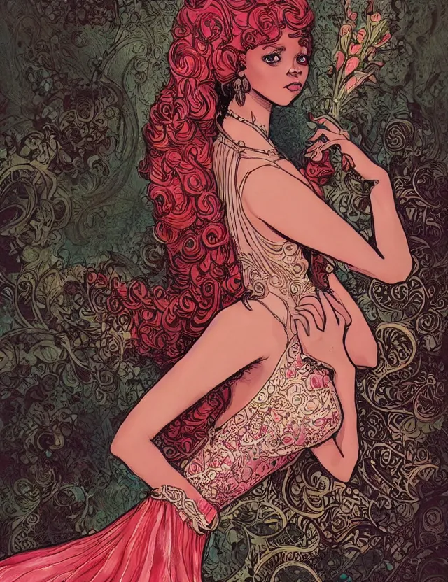 Image similar to black - skinned princess of the strawberry cream valley, wearing a filigree dress. this heavily stylized watercolor by an indie comic artist has interesting color contrasts, plenty of details and impeccable lighting.