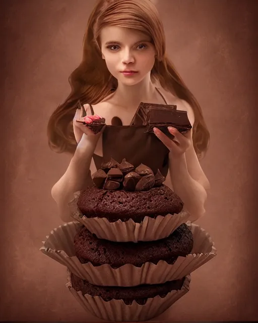 Prompt: a girl as personification pf chocolate cupcake, fantasy bakery, digital art by krenz kushart, wlop, laurie greasly, intricate details, global illumination, smooth, epic composition