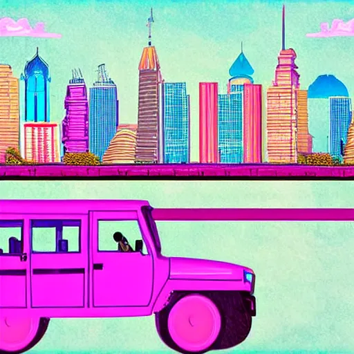 Image similar to a fleet of flying pink philippine jeepney above the skyline, digital art