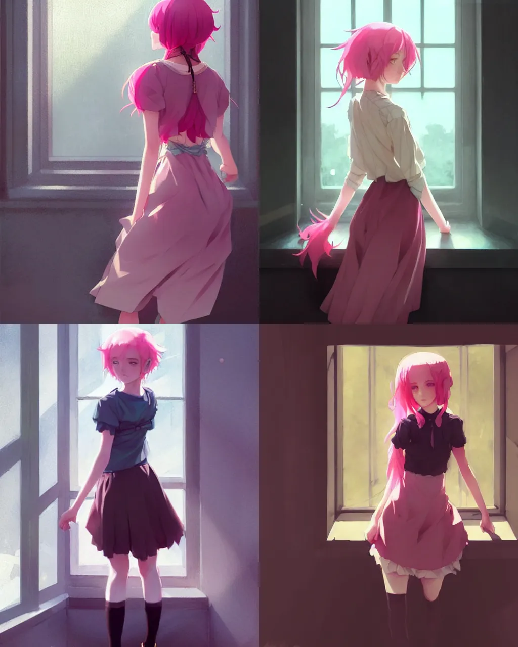 Prompt: a girl with pink hair and black skirt, by the window, a beautiful half body illustration, side backlight, perfect shadow, soft painting, reduce saturation, leaning towards watercolor, art by hidari and krenz cushart and wenjun lin