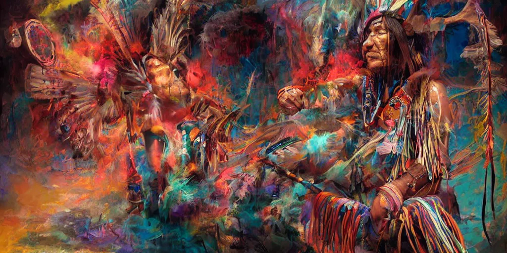 Image similar to of Native American shaman drumming by Liam Wong and Boris Vallejo