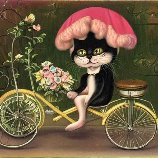 Image similar to cat on a triciycle, lowbrow painting by mark ryden