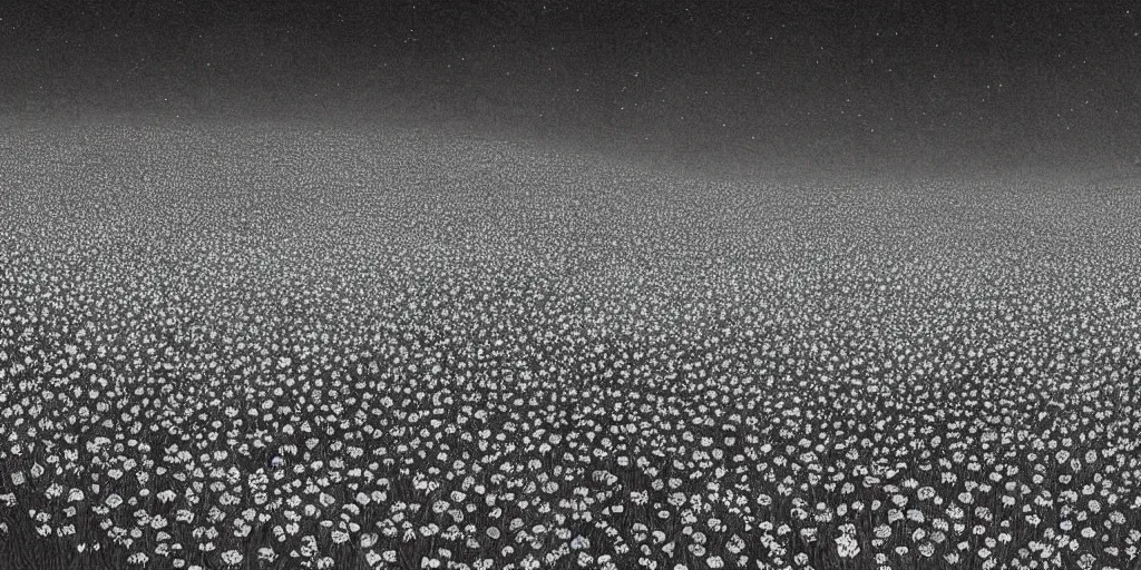 Image similar to A serene flower field at night by Kentaro Miura, highly detailed, black and white