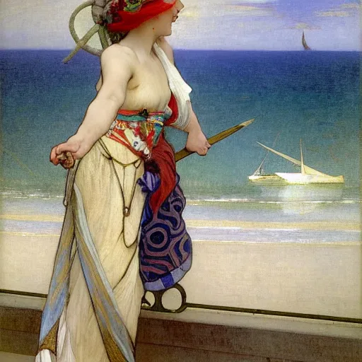 Prompt: A girl with jester hat and clothes on a greek archi circle on the front of a Balustrade with a beach and a sail boat on the background, major arcana clothes, by alphonse mucha and arnold böcklin arnold böcklin arnold böcklin, paul delaroche, hyperrealistic 8k, very detailed