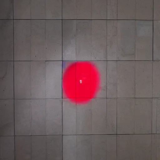 Prompt: red light from above defines the shape of her shadow on the white marble floor below