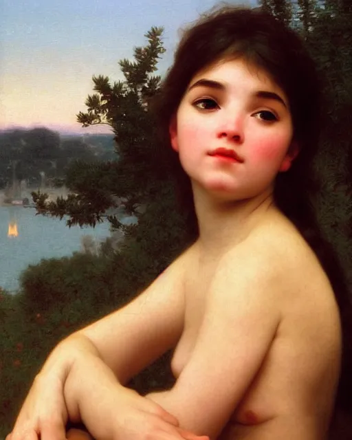 Prompt: beautiful glorious realistic oil painting of young bjork, bokeh, baroque style by bouguereau, sunset, highly detailed, 8 k intricate