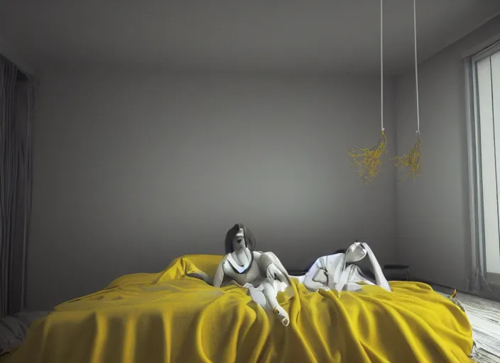 Image similar to rgb, woman, yellow bedroom, cinematic, movie scene, inspired by zdzislaw beksinski, new zealand landscape, clothes made out of veins,, cables everywhere, bedroom, ultra realistic, concept art, intricate details, highly detailed, photorealistic, octane render, 8 k