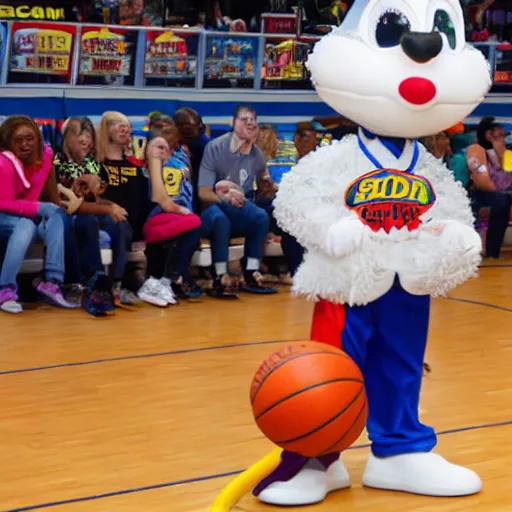 Prompt: Chuck E Cheese Mascot Playing Basketball