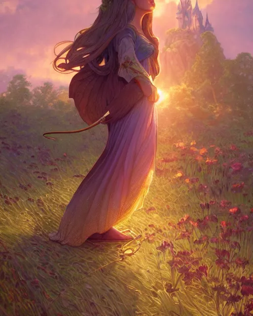 Prompt: the shire at sun rise with birds, highly detailed, gold filigree, romantic storybook fantasy, soft cinematic lighting, award, disney concept art watercolor illustration by mandy jurgens and alphonse mucha and alena aenami, pastel color palette, featured on artstation