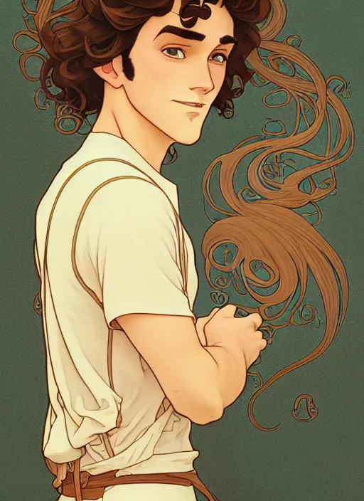 Prompt: art nouveau portrait of a handsome young man with curly medium length light brown hair, brown eyes, aloof, t - shirt, natural lighting, path traced, highly detailed, high quality, cartoon, digital painting, by don bluth and ross tran and studio ghibli and alphonse mucha