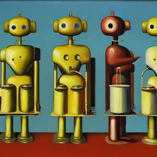 Image similar to robots queue up for ice cream, grant wood, pj crook, ( ( ( edward hopper ) ) ), oil on canvas