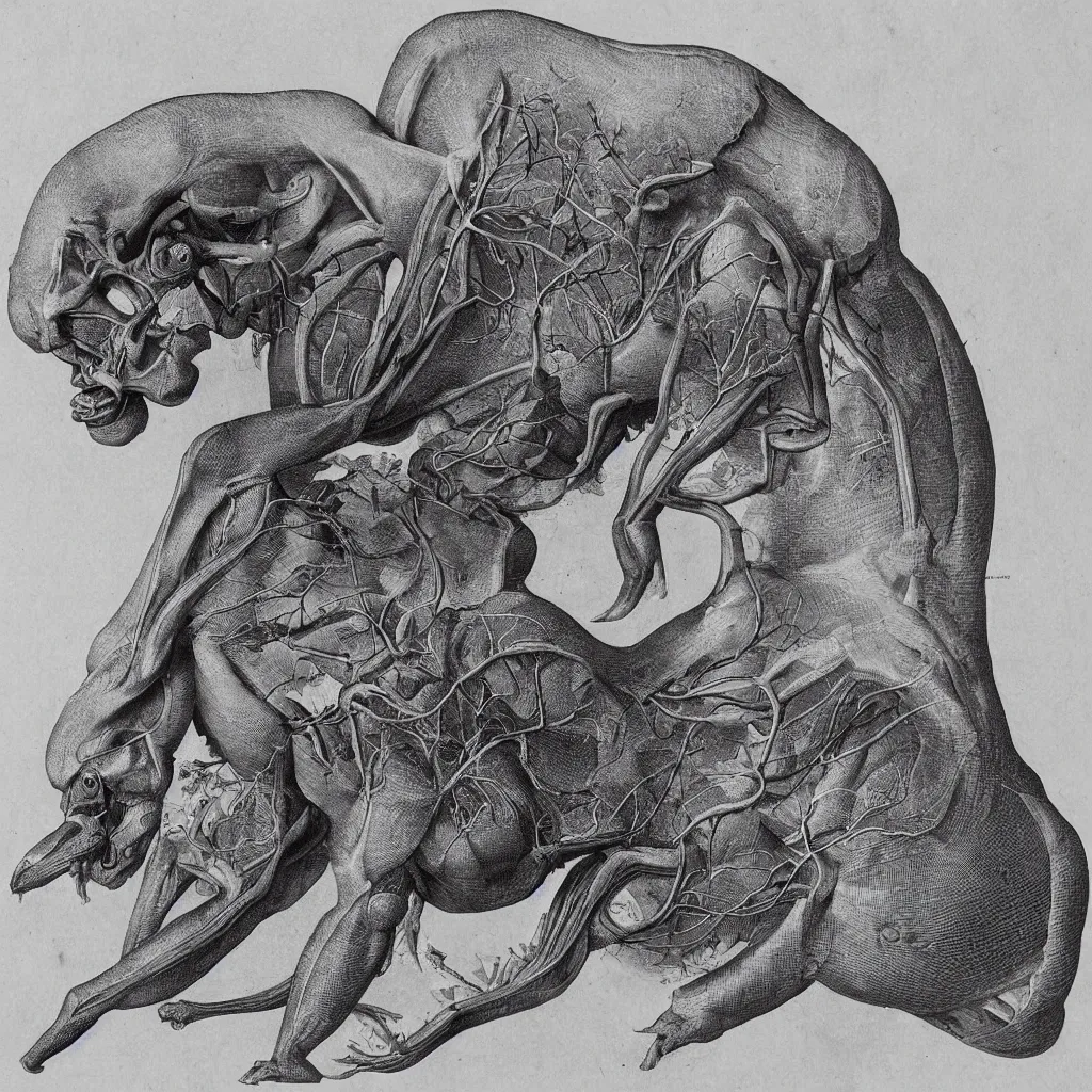 Image similar to anatomical engraving of an unknown specie, anatomical study of animal hybrids from another universe