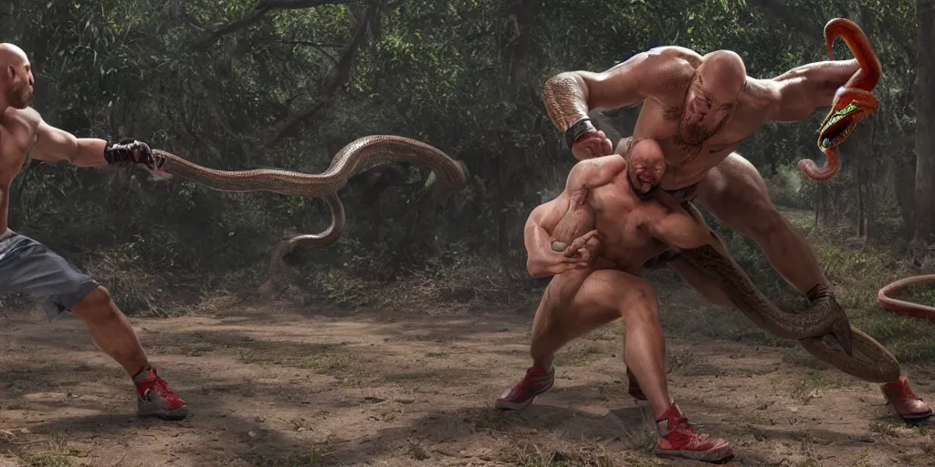 Image similar to The Ryback fighting a snake outdoors, highly detailed, intricate, hyperrealistic, photorealistic, ultra hd, global illumination lighting, award-winning, 4k, beautiful color, high quality, high textured, lens flare