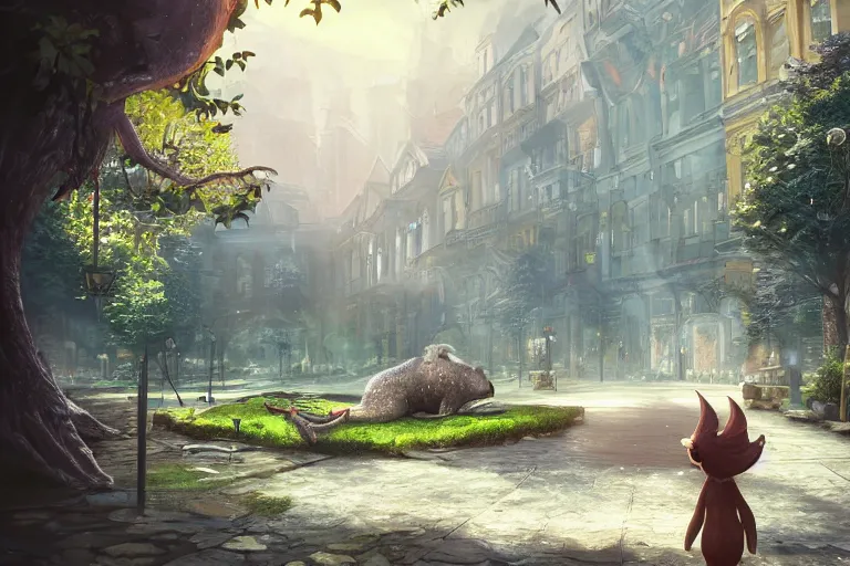 Image similar to a beautiful illustration of cute little creature in the middle of the city, fantasy, epic lighting, cinematic composition, hyper realistic, 8 k resolution, unreal engine 5, artstation