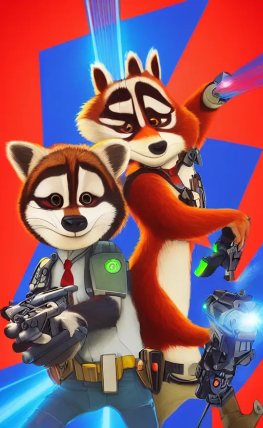 Image similar to “red racoon holding laser gun facing off with blue racoon holding laser gun, cinematic, dramatic in the style of zootopia”