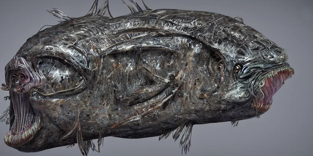 Prompt: angler fish sculpture, stylized layered shapes, long flowing fins, bioluminescent orbs, 3 d render, substance painter, glowing eye, intricate, highly detailed, lifelike, smooth, sharp focus, art by h r giger