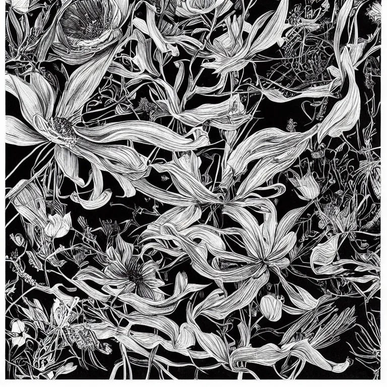 Image similar to a book that opens up and reveals the cosmos, black and white, botanical illustration, black ink on white paper, bold lines