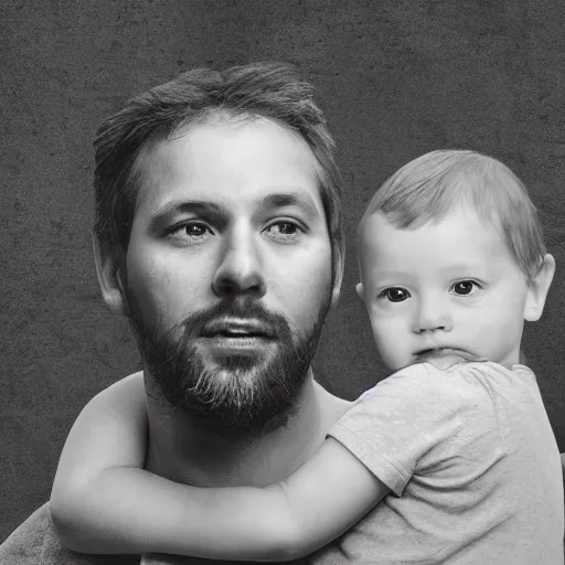 Prompt: father with child. digital photography mixed media collage. soft matte natural tones. matte background. HD 8x
