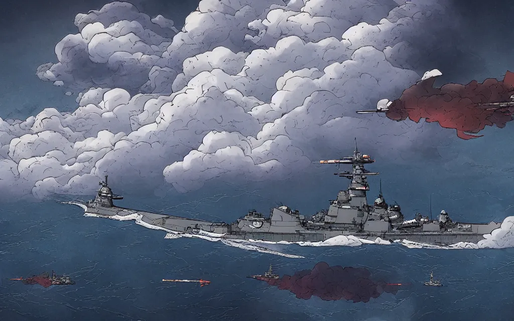 Prompt: japanese battleship yamato flying between the clouds, in the style of james jean and laurie greasley, dynamic composition, dramatic lighting, ultra detailed