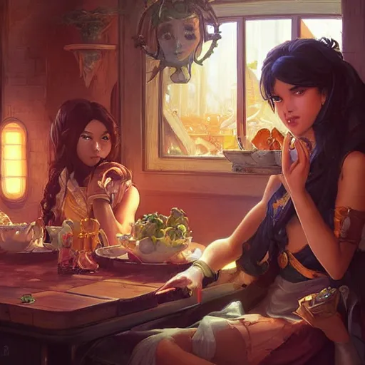 Prompt: a dinner date with the girl next door, slice of life, varying ethnicities, fantasy, elegant, highly detailed, digital painting, artstation, concept art, matte, sharp focus, illustration, hearthstone, art by Artgerm and Greg Rutkowski and Alphonse Mucha