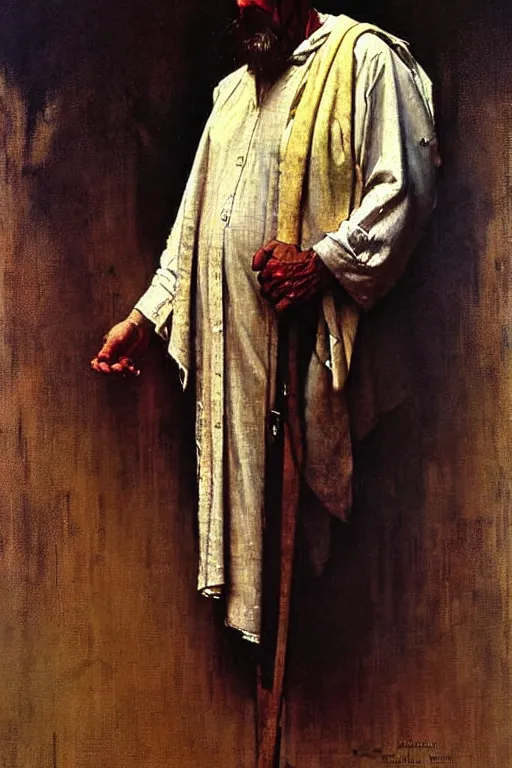 Image similar to norman rockwell and solomon joseph solomon and richard schmid and jeremy lipking victorian loose genre loose painting full length portrait painting of jesus