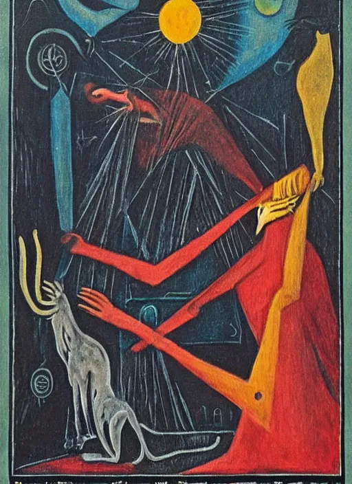 Prompt: tarot card by leonora carrington and max ernst, in the style of a 6 0's ad illustration, flat style : :