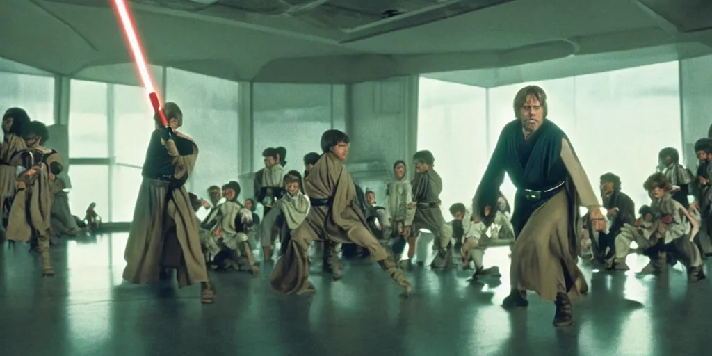 Image similar to A full color still of Mark Hamill as Jedi Master Luke Skywalker training a diverse room full of young Jedi padawans, with large windows showing a sci-fi city outside, at dusk at golden hour, from Star Wars, directed by Steven Spielberg, 1994