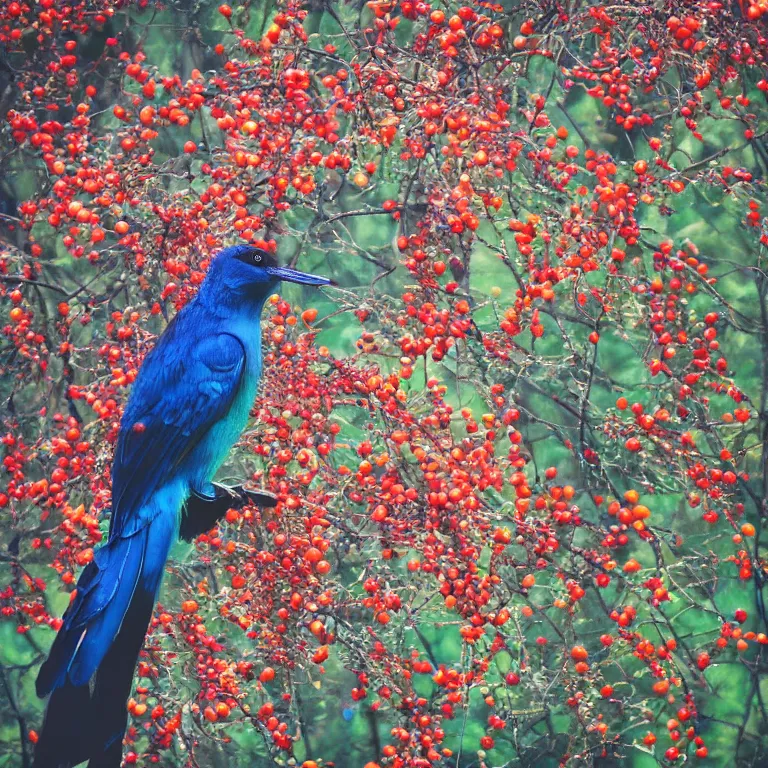 Image similar to human with the sea and the forest inside, veins diverge through the body like rivers filmed on a satellite, a person is decorated with wild berries, a beautiful bird is looking at him next, colorful picture