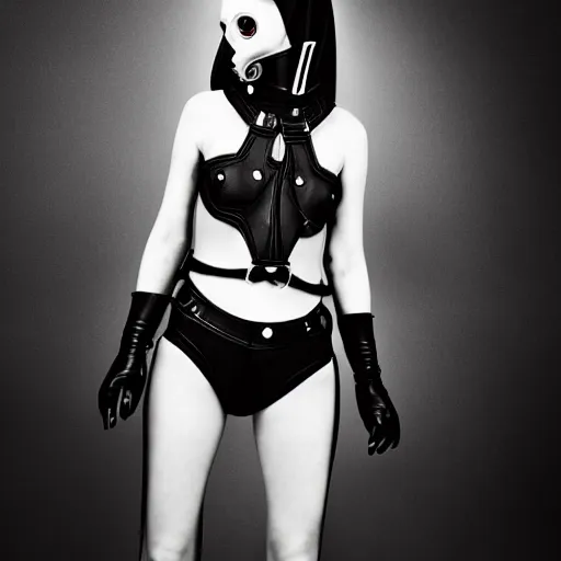 Image similar to fashion photography of an extraterrestrial model, wearing a black gas mask, wearing demobaza fashion, inside berghain, berlin fashion, harness, futuristic fashion, dark minimal outfit, photo 3 5 mm leica, hyperdetail, berghain, 8 k, very detailed, photo by nick knight