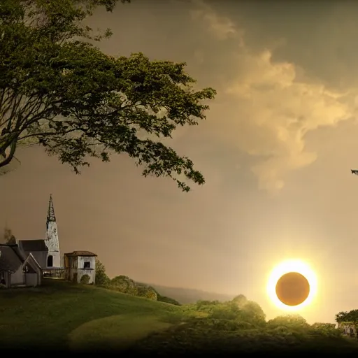 Image similar to dark solar eclipse, above a village, highly detailed, studio 4 k quality, by constable john