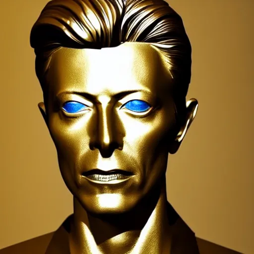 Image similar to Golden sculpture of David Bowie. Minimalism, high definition, perfect composition. Volumetric Lighting.