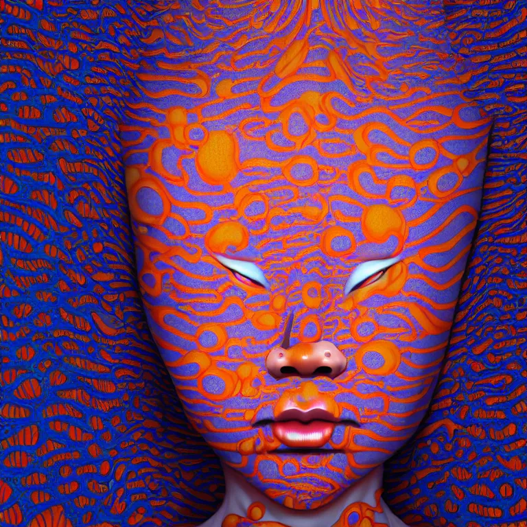 Image similar to realistic detailed image of a geisha in a padded room, 8 k conjuring psychedelic background, part by yayoi kusama, part by alex gray, part by ross tran, part by james jean, ultra realistic, highly detailed, life like face, detailed body, 8 k, octane render, trending on artstation, very cohesive, masterpiece